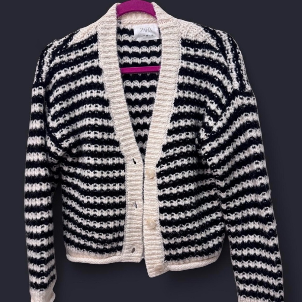 Zara Black and Cream Striped Knit Cardigan